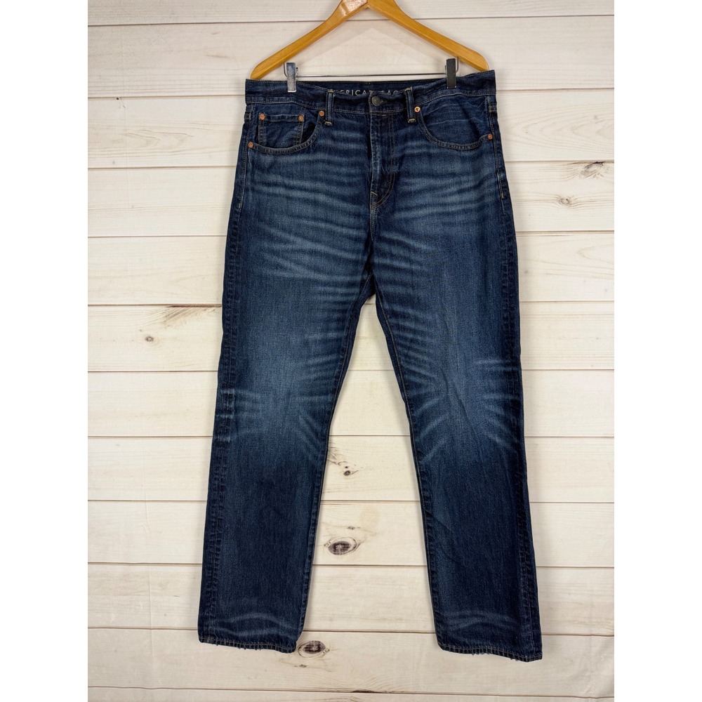American Eagle Jeans Mens 34x34 Dark Wash Whiskered Relaxed Straight